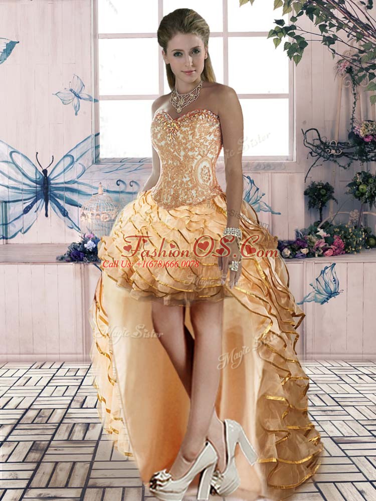 Most Popular Ball Gowns Sleeveless Gold Vestidos de Quinceanera Brush Train Lace Up