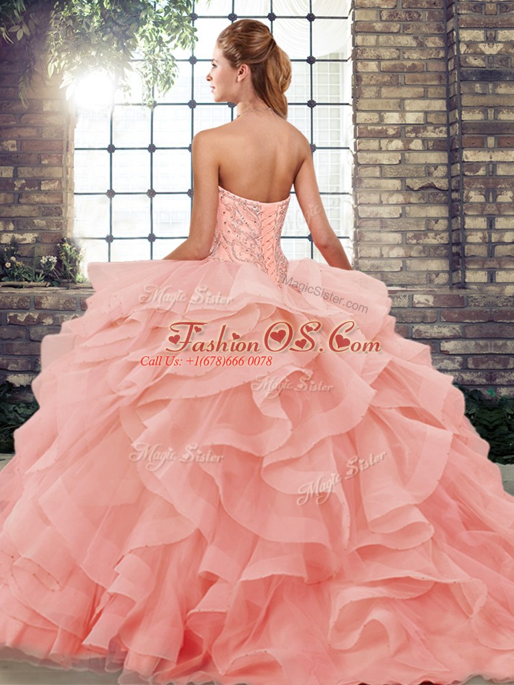Best Selling Ball Gowns Sleeveless Watermelon Red Quinceanera Dress Brush Train Lace Up