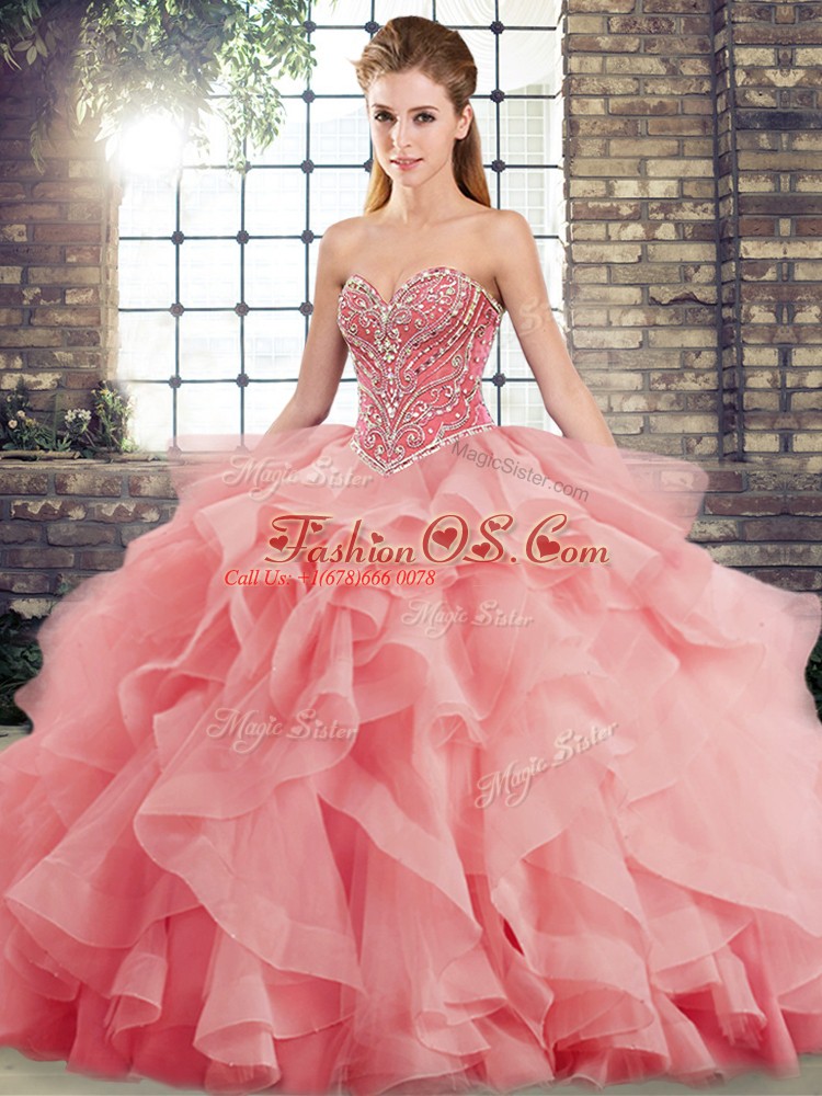 Best Selling Ball Gowns Sleeveless Watermelon Red Quinceanera Dress Brush Train Lace Up