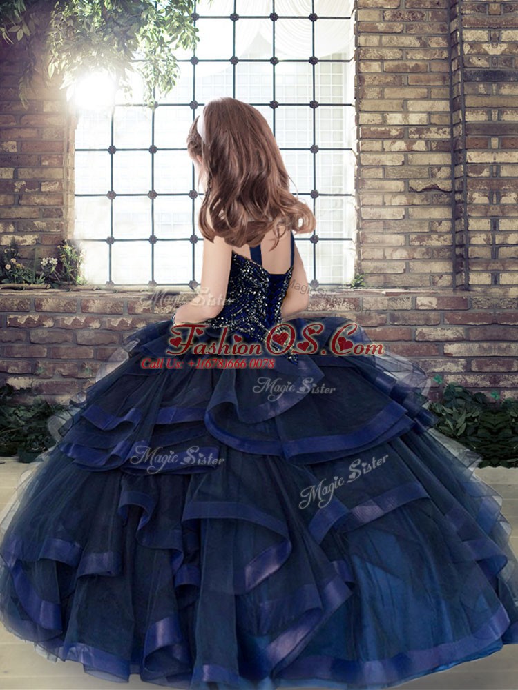 Yellow Green Ball Gowns Tulle Straps Sleeveless Beading Floor Length Lace Up Little Girl Pageant Dress