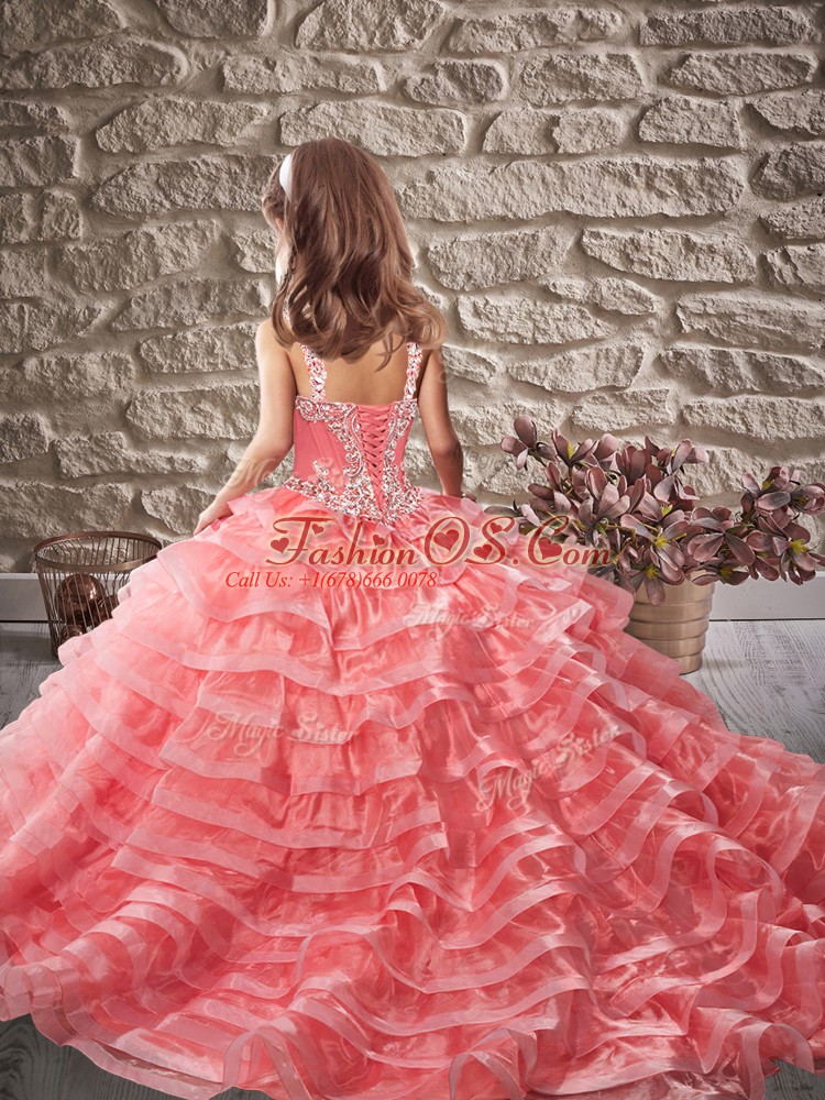 Sleeveless Brush Train Beading and Ruffled Layers Lace Up Little Girls Pageant Dress