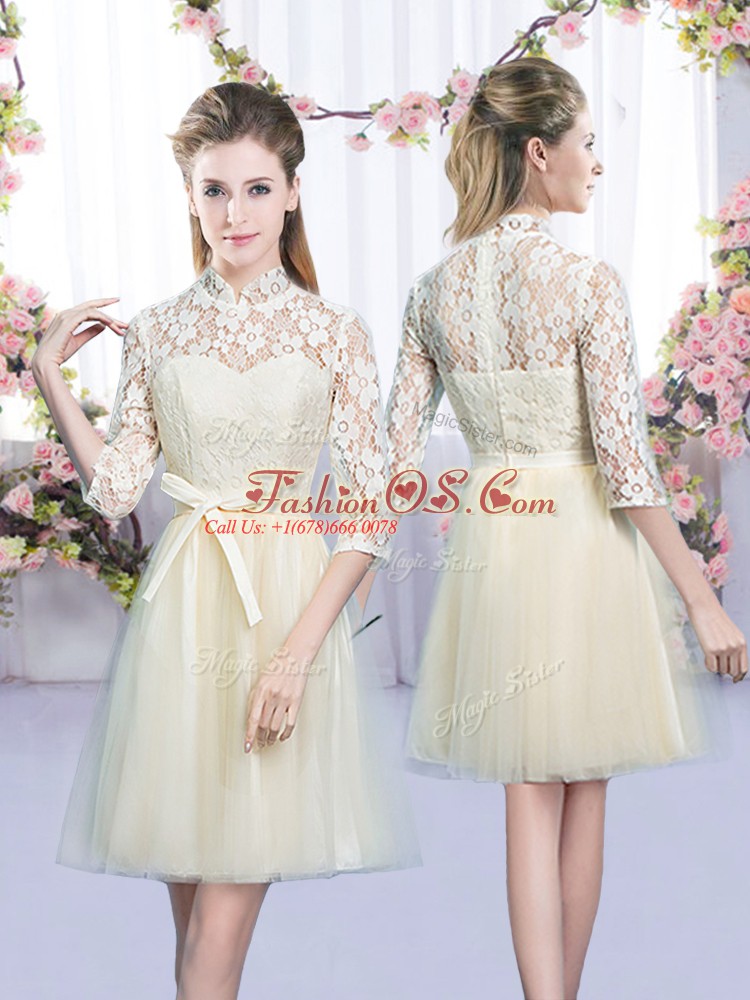 Elegant Champagne High-neck Neckline Bowknot Bridesmaid Dress Half Sleeves Lace Up