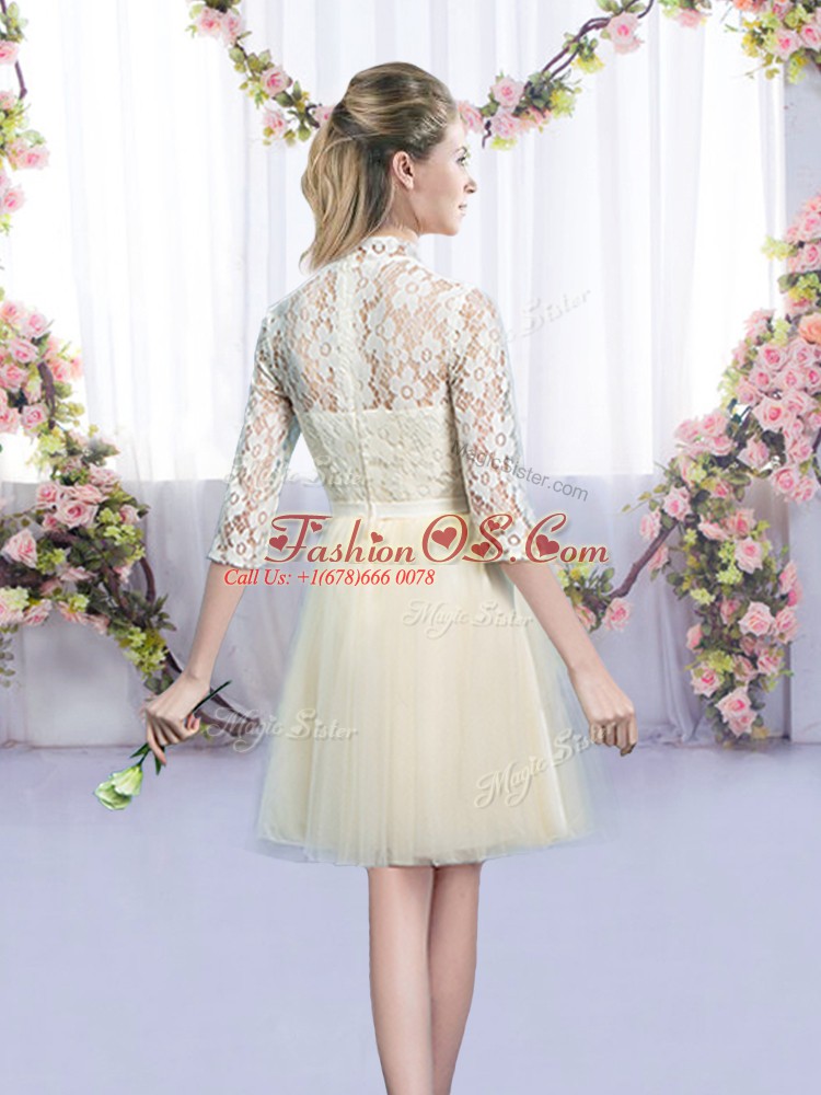 Elegant Champagne High-neck Neckline Bowknot Bridesmaid Dress Half Sleeves Lace Up