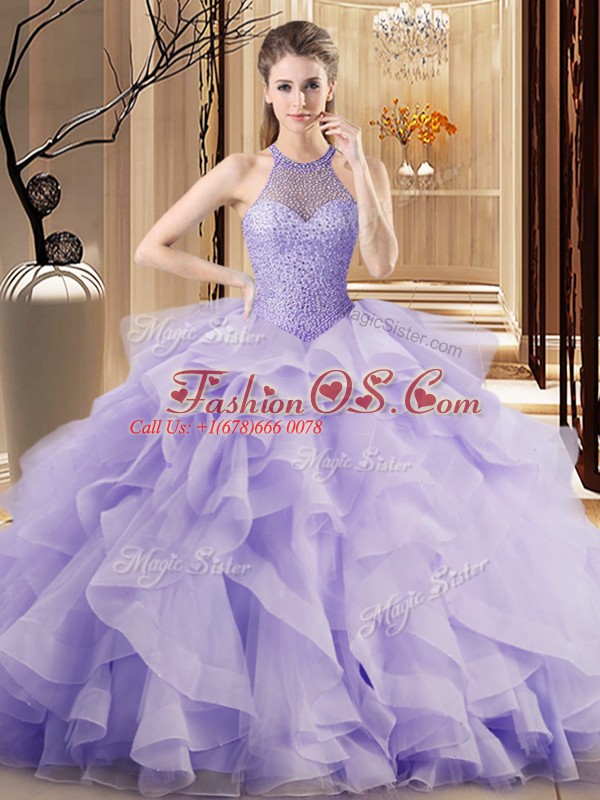 Discount Lavender Ball Gowns Halter Top Sleeveless Organza Sweep Train Lace Up Beading and Ruffles Vestidos de Quinceanera