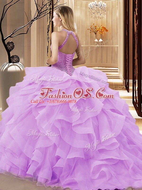 Discount Lavender Ball Gowns Halter Top Sleeveless Organza Sweep Train Lace Up Beading and Ruffles Vestidos de Quinceanera
