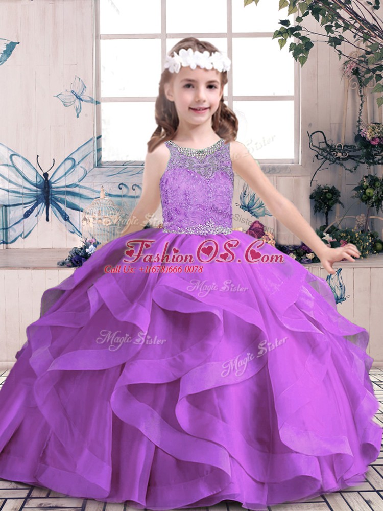 Latest Purple Lace Up Child Pageant Dress Beading and Ruffles Sleeveless Floor Length