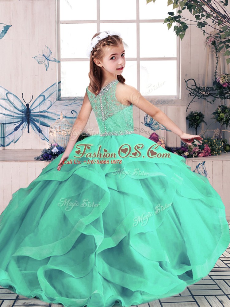 Latest Purple Lace Up Child Pageant Dress Beading and Ruffles Sleeveless Floor Length