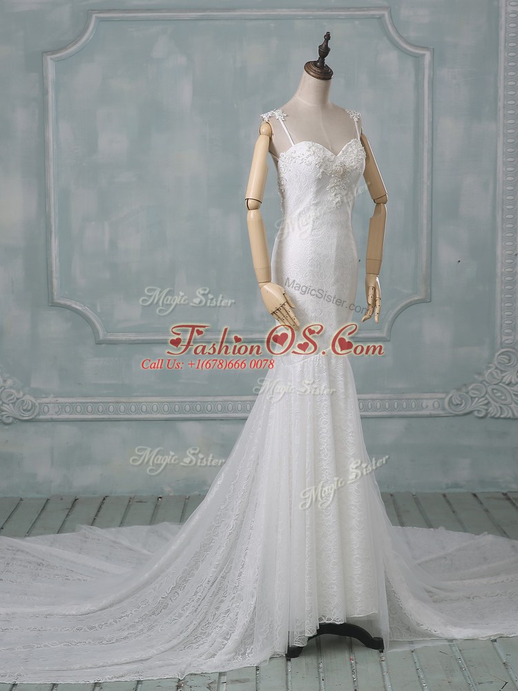 Lace Spaghetti Straps Sleeveless Court Train Backless Beading and Lace Wedding Gown in White