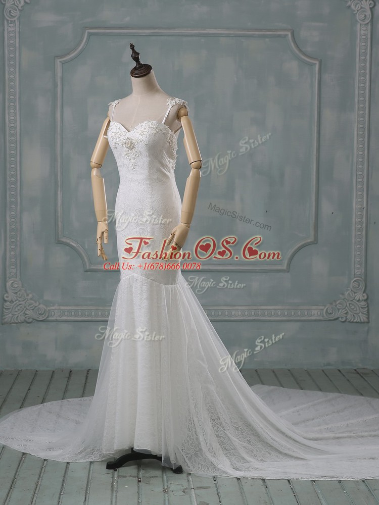 Lace Spaghetti Straps Sleeveless Court Train Backless Beading and Lace Wedding Gown in White