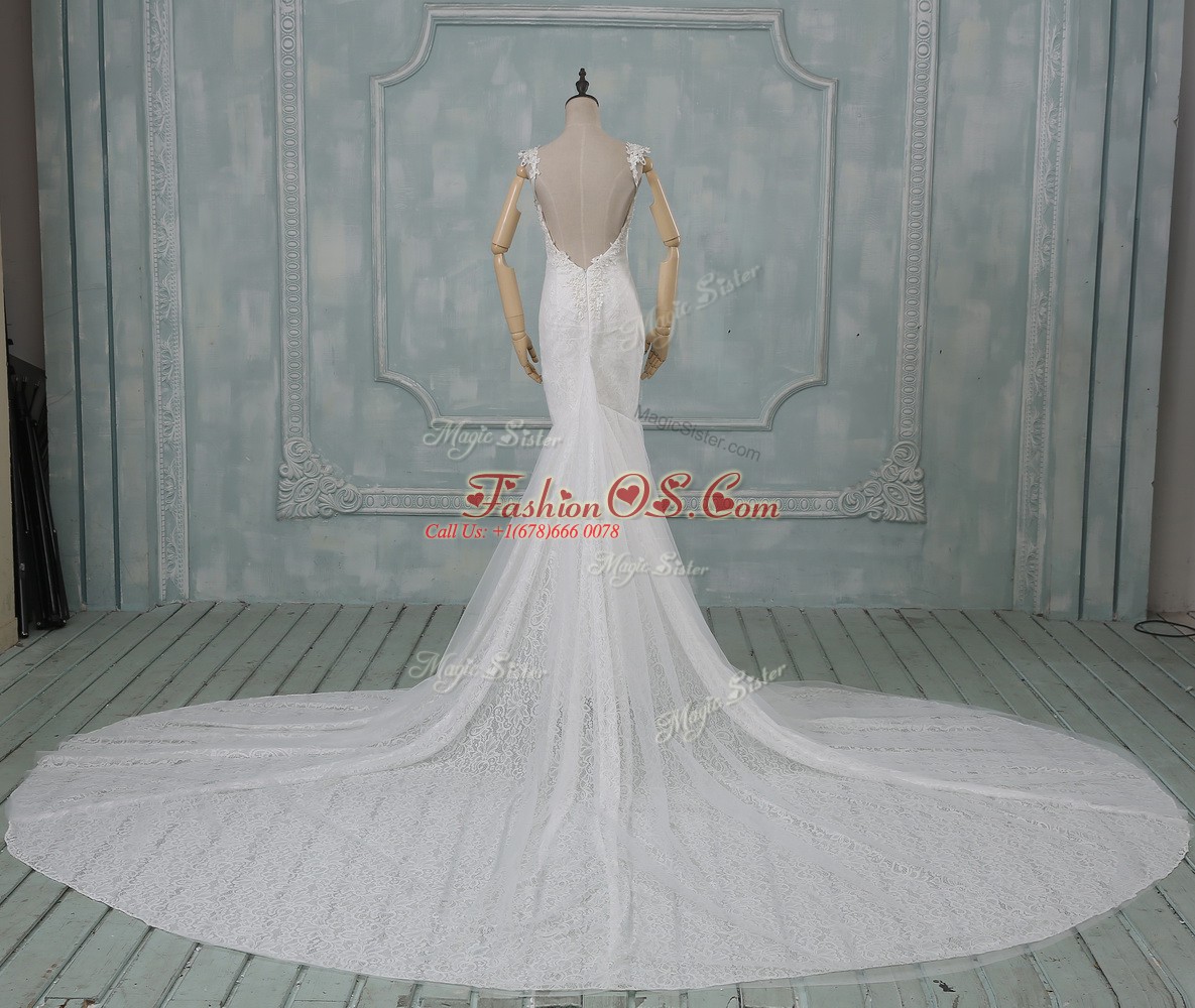 Lace Spaghetti Straps Sleeveless Court Train Backless Beading and Lace Wedding Gown in White