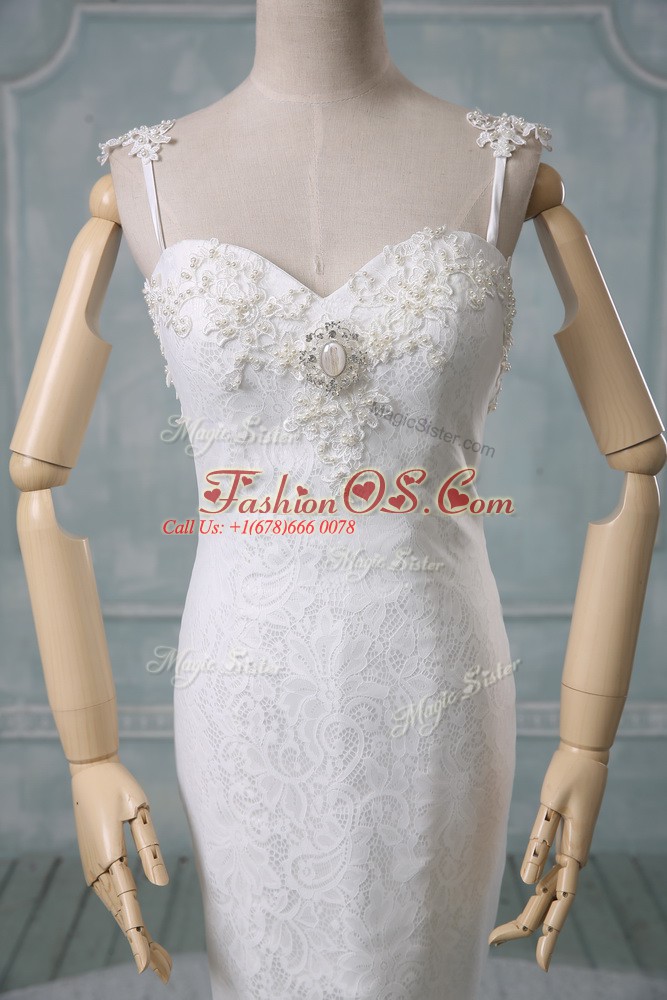 Lace Spaghetti Straps Sleeveless Court Train Backless Beading and Lace Wedding Gown in White