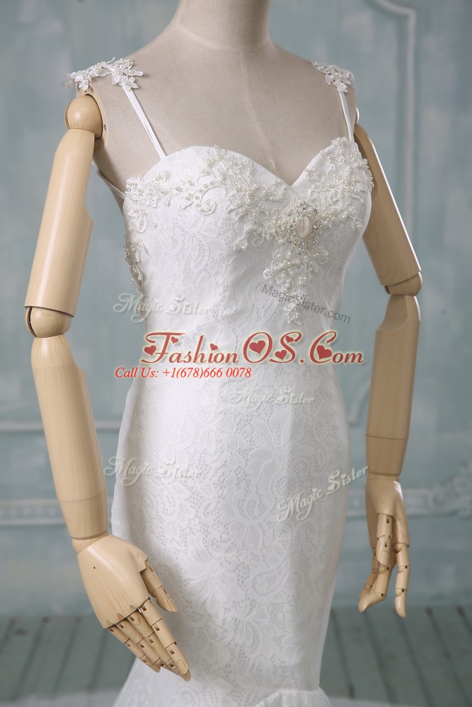 Lace Spaghetti Straps Sleeveless Court Train Backless Beading and Lace Wedding Gown in White