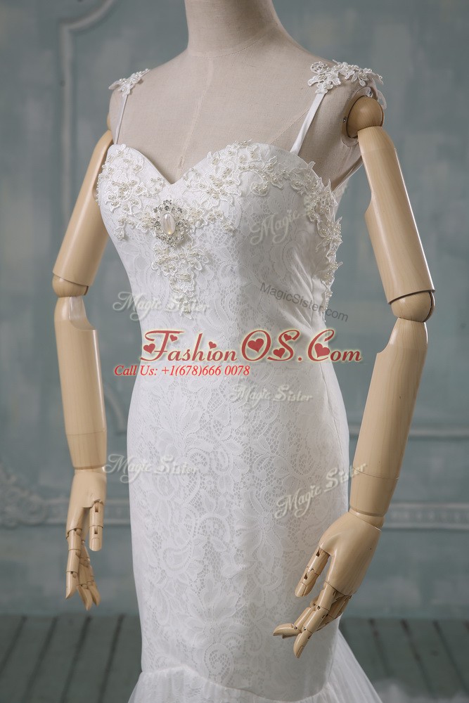 Lace Spaghetti Straps Sleeveless Court Train Backless Beading and Lace Wedding Gown in White