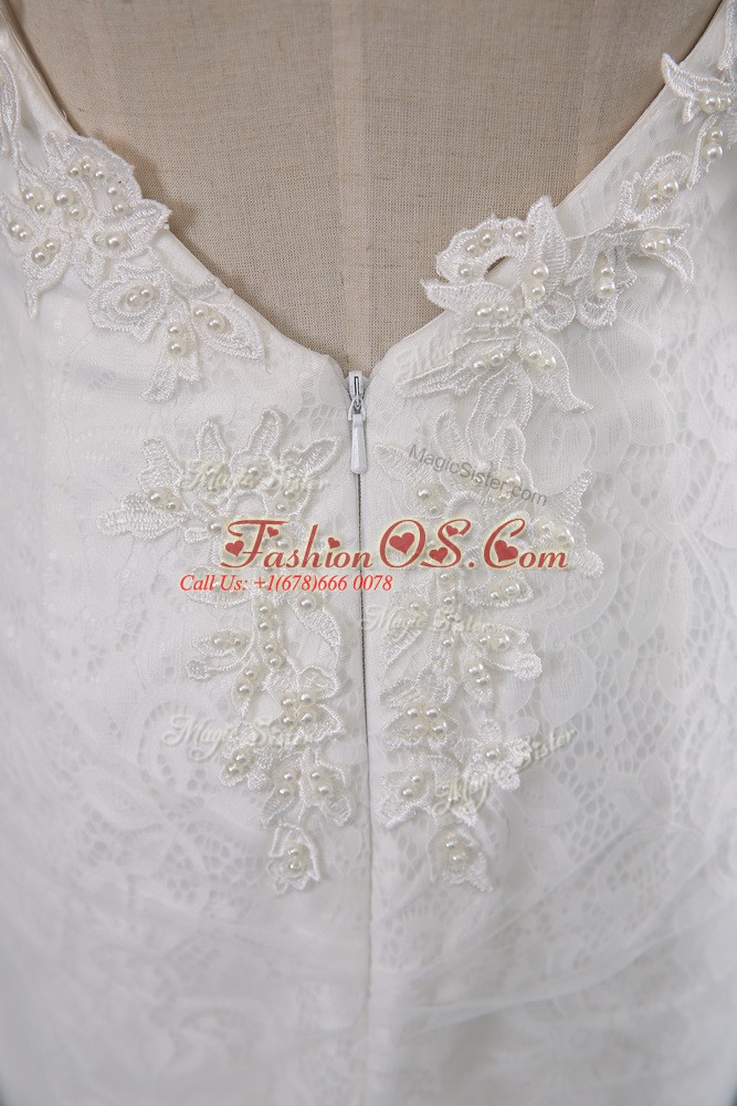 Lace Spaghetti Straps Sleeveless Court Train Backless Beading and Lace Wedding Gown in White