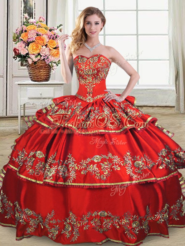 Red Ball Gowns Sweetheart Sleeveless Satin and Organza Floor Length Lace Up Embroidery and Ruffled Layers Sweet 16 Dress