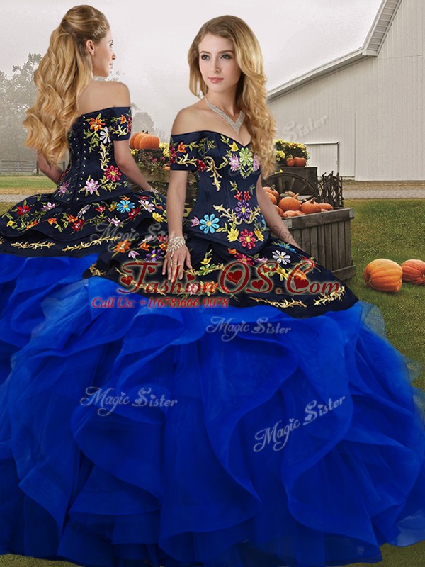 Flirting Floor Length Blue And Black Sweet 16 Dress Tulle Sleeveless Embroidery and Ruffles