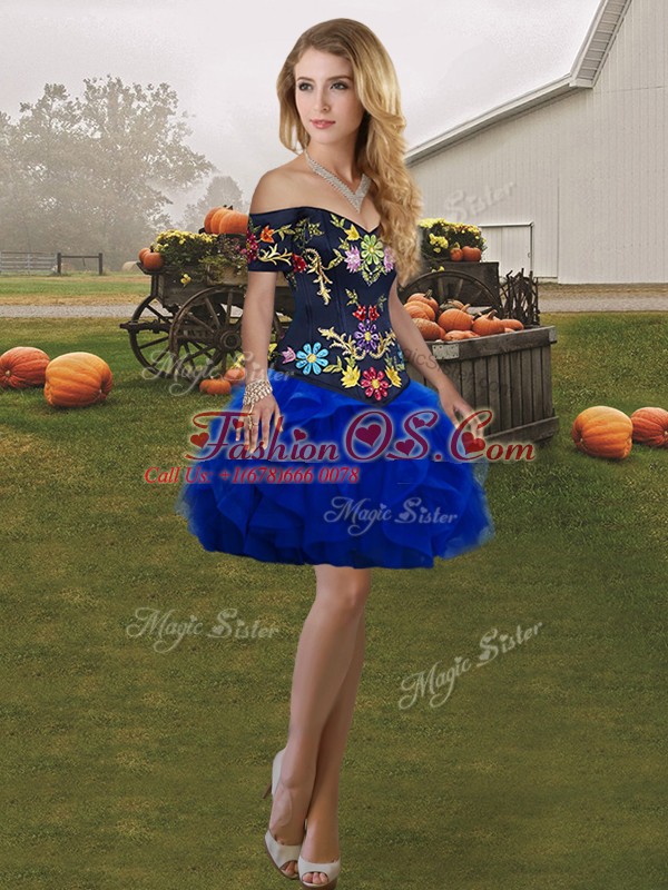 Flirting Floor Length Blue And Black Sweet 16 Dress Tulle Sleeveless Embroidery and Ruffles