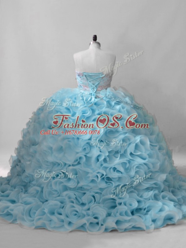 Attractive Sweetheart Sleeveless Brush Train Lace Up Quince Ball Gowns Baby Blue Fabric With Rolling Flowers
