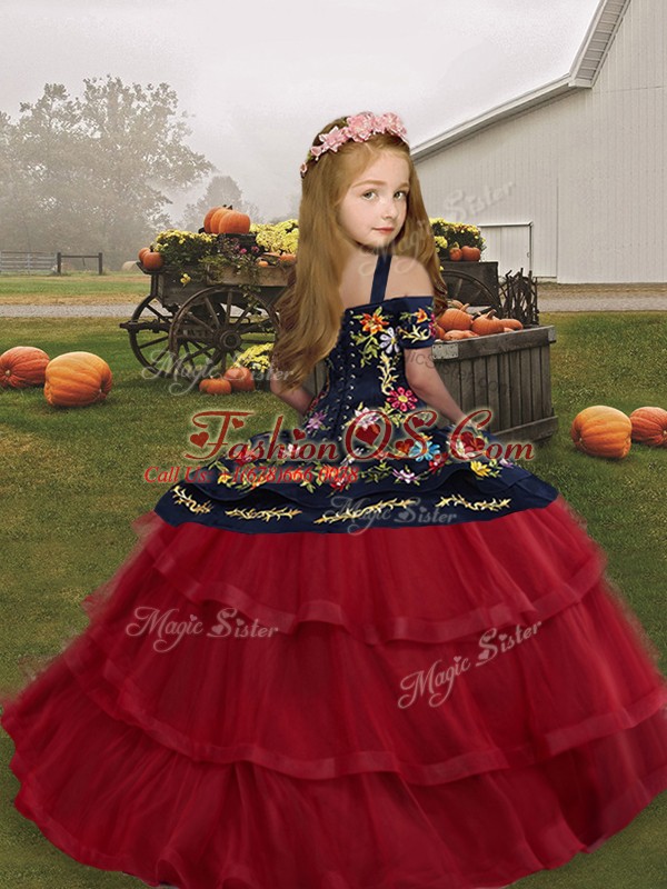 Green Sleeveless Floor Length Embroidery and Ruffled Layers Lace Up Girls Pageant Dresses