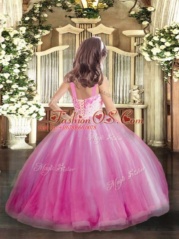 Beauteous Floor Length Lavender Little Girl Pageant Dress Straps Sleeveless Lace Up