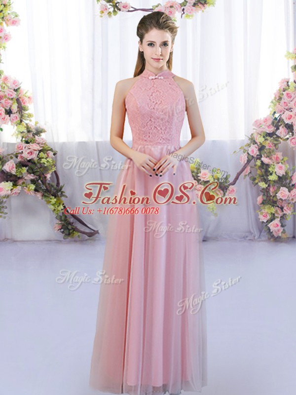 Stylish Pink Empire High-neck Sleeveless Tulle Floor Length Zipper Lace Quinceanera Dama Dress