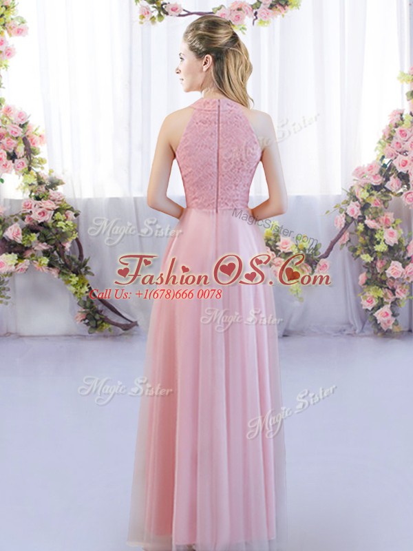 Stylish Pink Empire High-neck Sleeveless Tulle Floor Length Zipper Lace Quinceanera Dama Dress