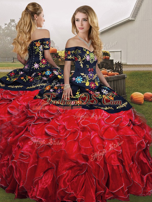 Edgy Organza Off The Shoulder Sleeveless Lace Up Embroidery and Ruffles Sweet 16 Quinceanera Dress in Red And Black