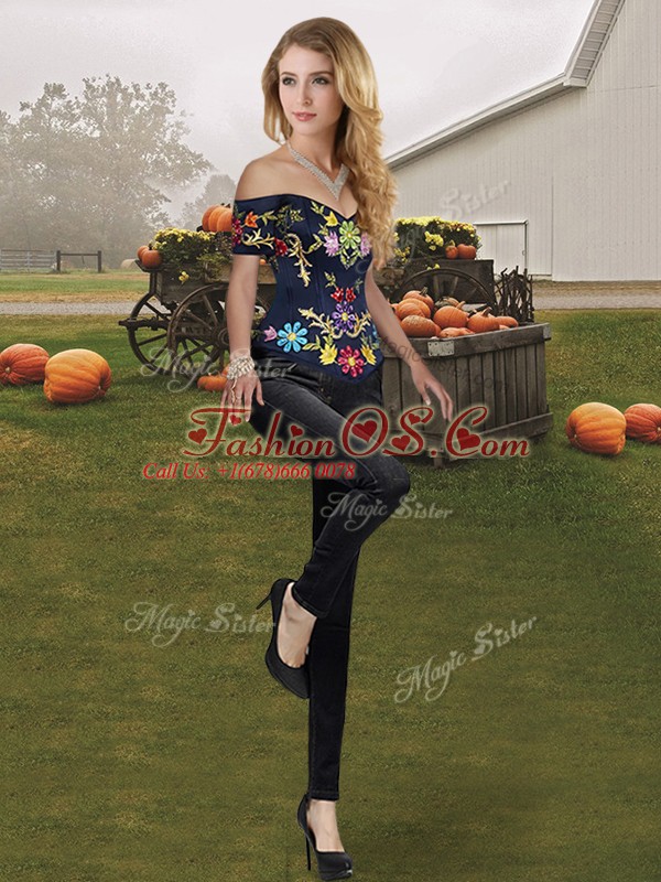 Edgy Organza Off The Shoulder Sleeveless Lace Up Embroidery and Ruffles Sweet 16 Quinceanera Dress in Red And Black