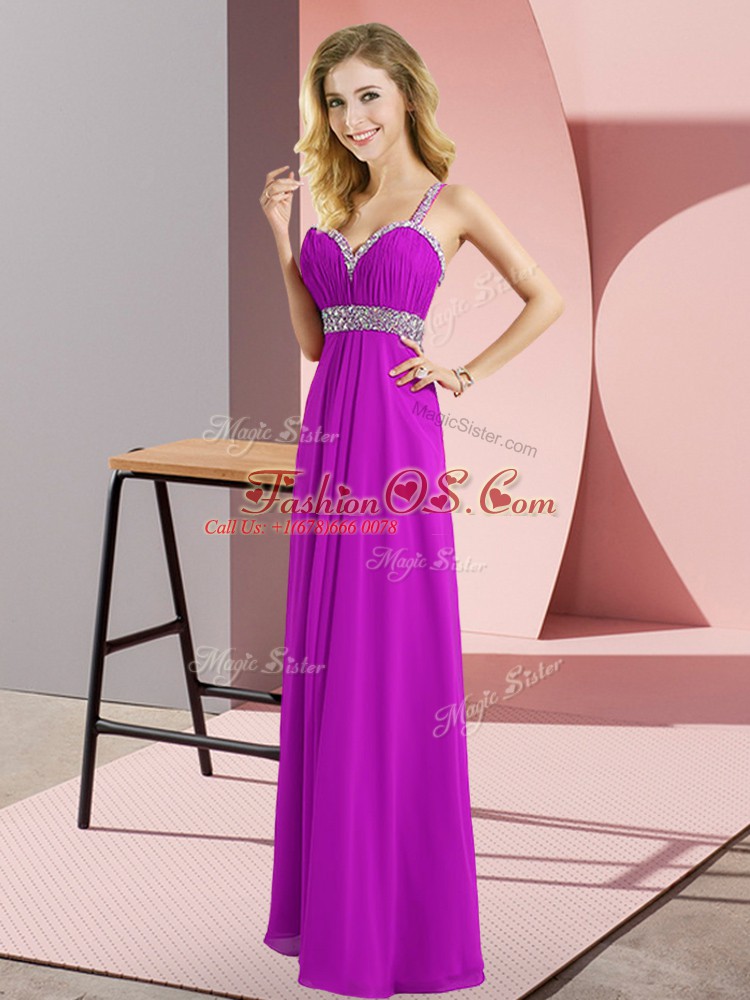 Traditional Sleeveless Chiffon Floor Length Criss Cross Prom Evening Gown in Purple with Beading