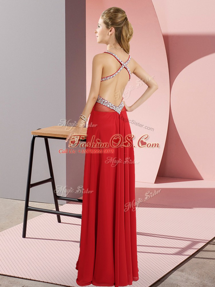 Traditional Sleeveless Chiffon Floor Length Criss Cross Prom Evening Gown in Purple with Beading