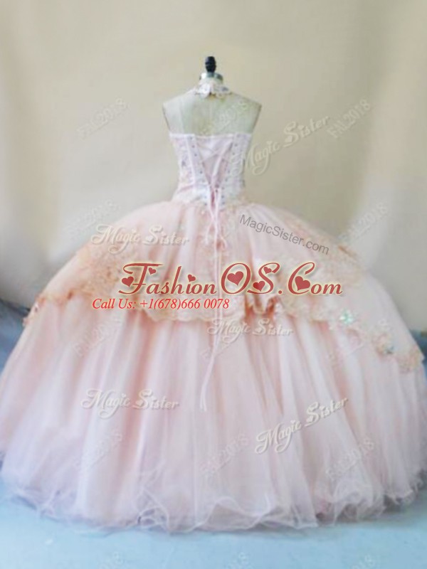 Flare Peach Tulle Lace Up Quinceanera Gowns Sleeveless Beading and Lace and Appliques