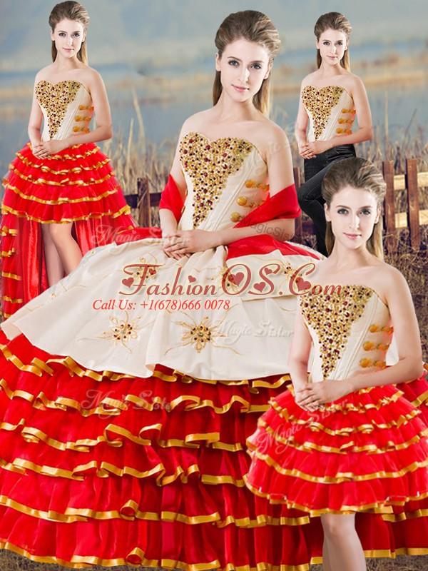 Flare White And Red Quinceanera Gown Sweet 16 and Quinceanera with Beading and Ruffled Layers Sweetheart Sleeveless Lace Up