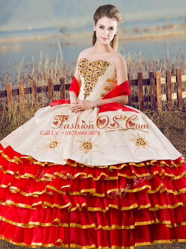 Flare White And Red Quinceanera Gown Sweet 16 and Quinceanera with Beading and Ruffled Layers Sweetheart Sleeveless Lace Up