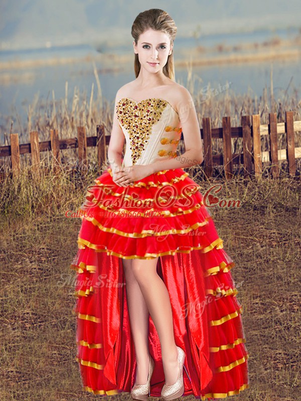 Flare White And Red Quinceanera Gown Sweet 16 and Quinceanera with Beading and Ruffled Layers Sweetheart Sleeveless Lace Up