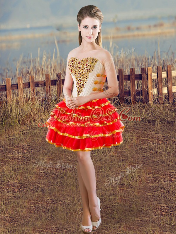 Flare White And Red Quinceanera Gown Sweet 16 and Quinceanera with Beading and Ruffled Layers Sweetheart Sleeveless Lace Up