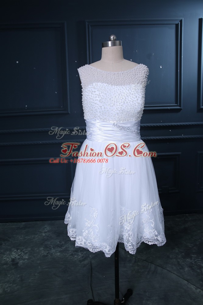White Empire Tulle Scoop Sleeveless Beading and Lace Lace Up Wedding Dress