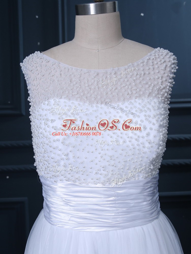 White Empire Tulle Scoop Sleeveless Beading and Lace Lace Up Wedding Dress