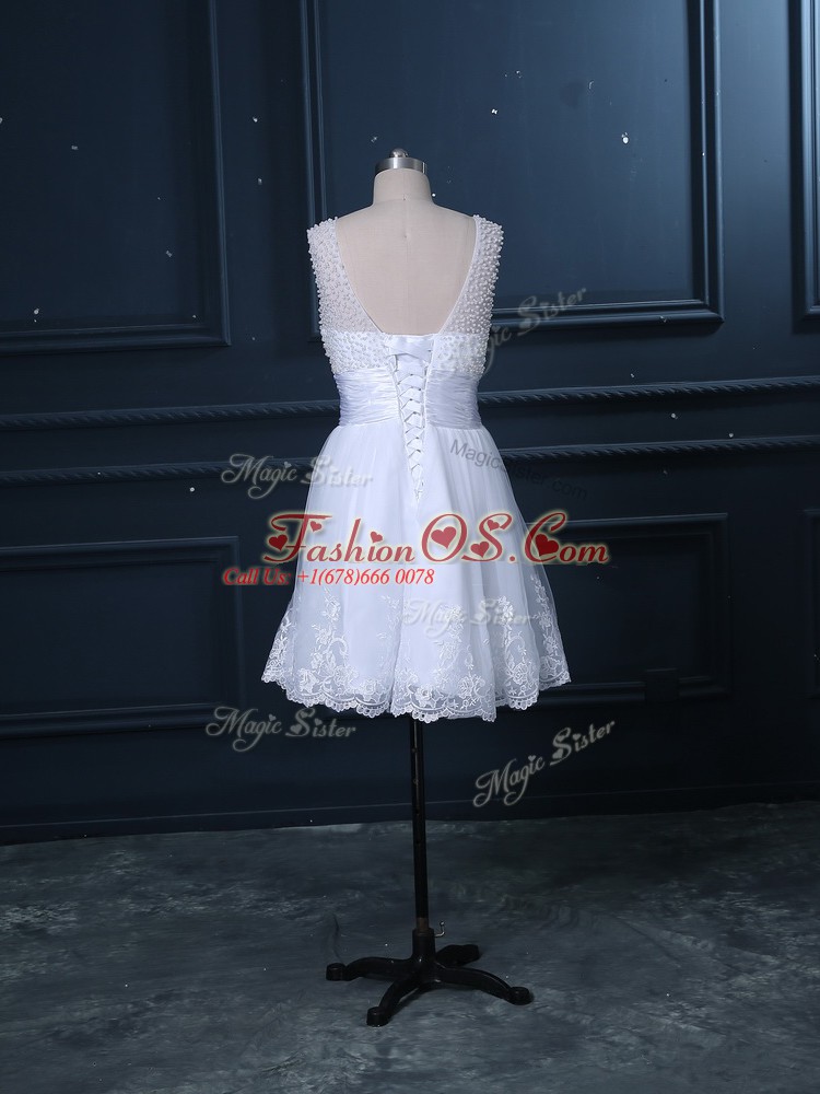 White Empire Tulle Scoop Sleeveless Beading and Lace Lace Up Wedding Dress