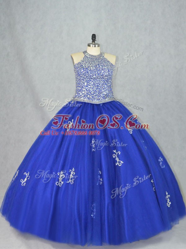 Beading Sweet 16 Dresses Blue Lace Up Sleeveless Floor Length