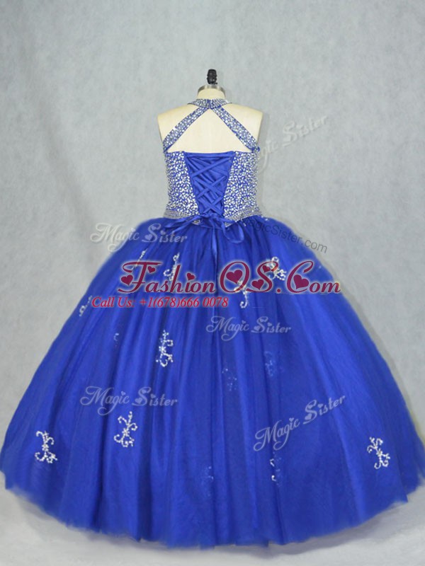 Beading Sweet 16 Dresses Blue Lace Up Sleeveless Floor Length