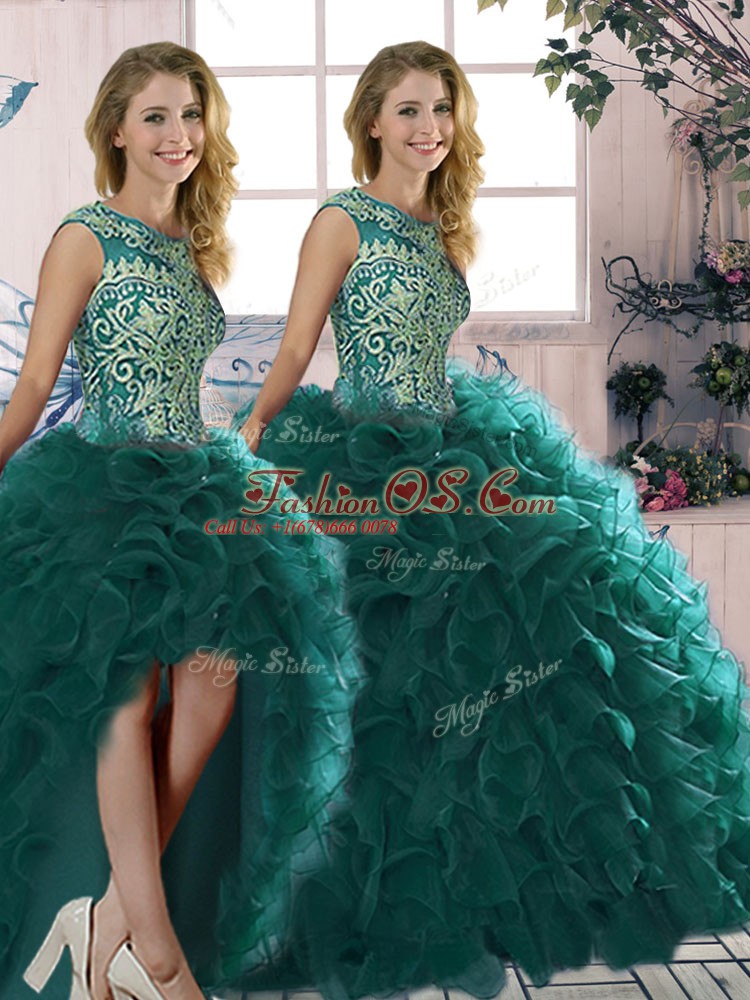 Peacock Green Lace Up Scoop Beading and Ruffles Sweet 16 Quinceanera Dress Organza Sleeveless