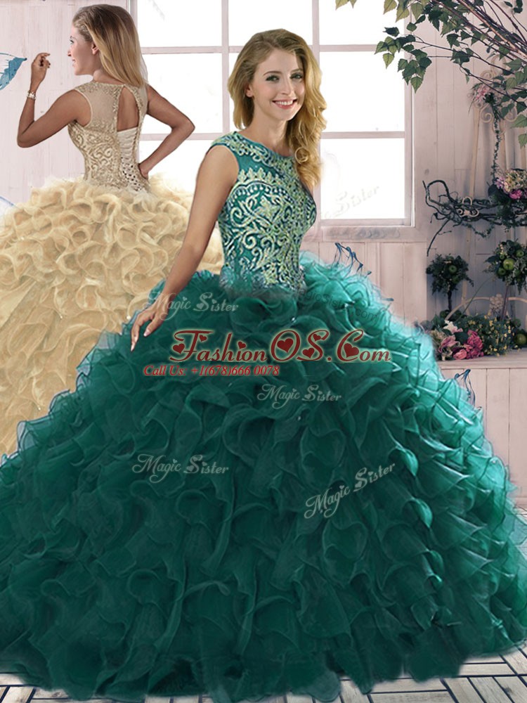 Peacock Green Lace Up Scoop Beading and Ruffles Sweet 16 Quinceanera Dress Organza Sleeveless