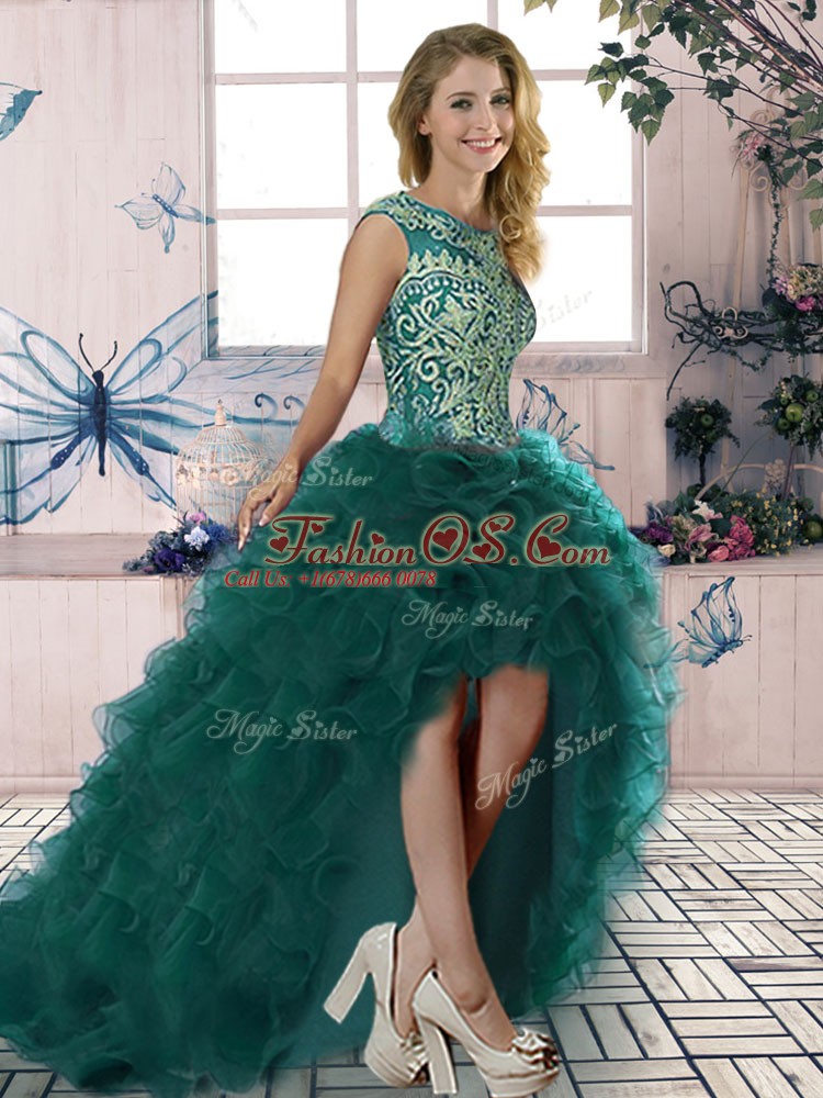 Peacock Green Lace Up Scoop Beading and Ruffles Sweet 16 Quinceanera Dress Organza Sleeveless