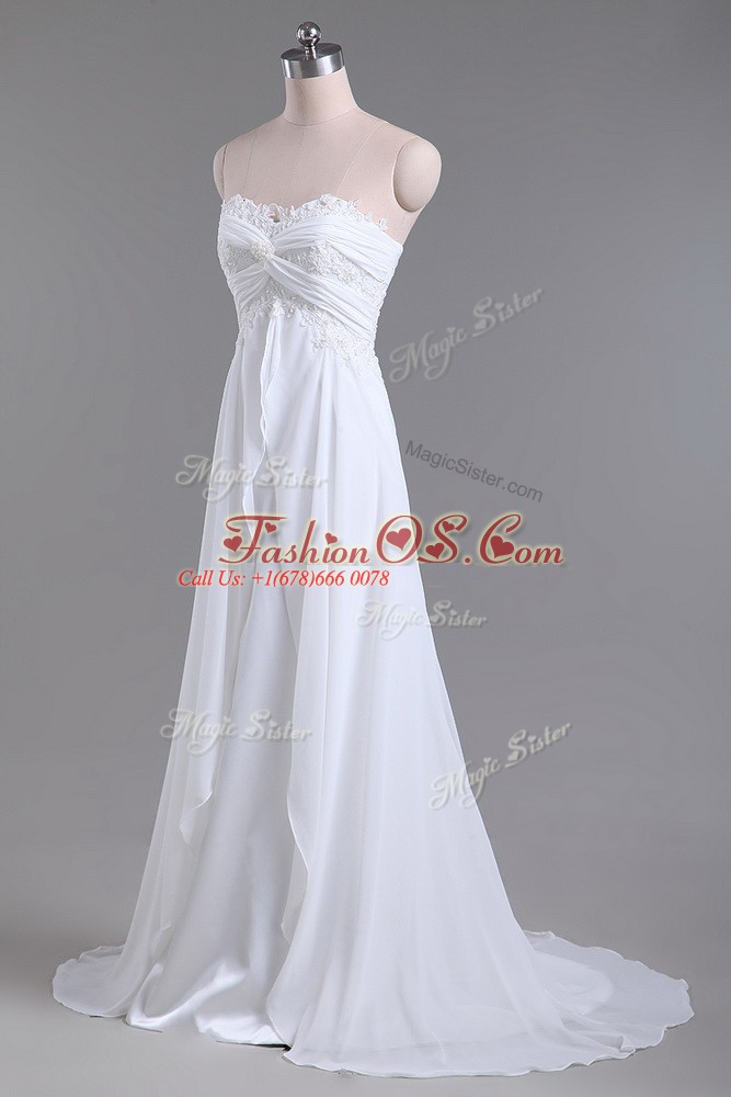 White Empire Sweetheart Sleeveless Chiffon Brush Train Lace Up Beading and Lace Wedding Dress