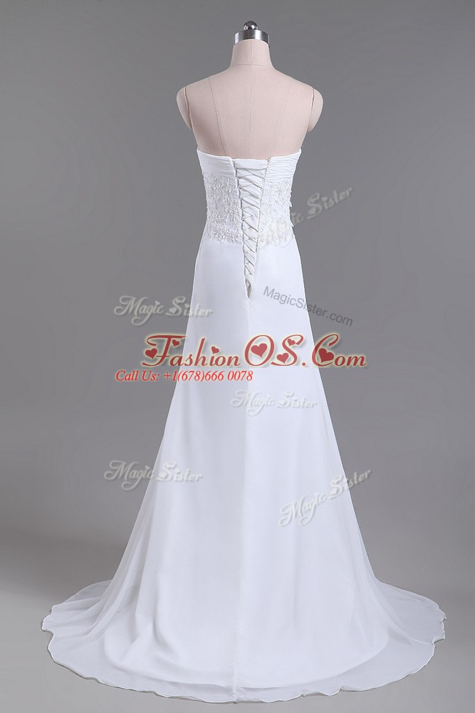 White Empire Sweetheart Sleeveless Chiffon Brush Train Lace Up Beading and Lace Wedding Dress