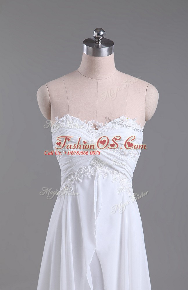 White Empire Sweetheart Sleeveless Chiffon Brush Train Lace Up Beading and Lace Wedding Dress
