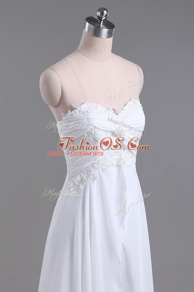 White Empire Sweetheart Sleeveless Chiffon Brush Train Lace Up Beading and Lace Wedding Dress
