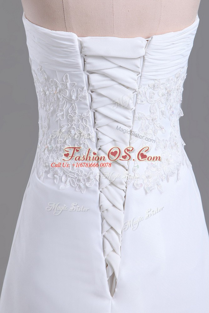White Empire Sweetheart Sleeveless Chiffon Brush Train Lace Up Beading and Lace Wedding Dress