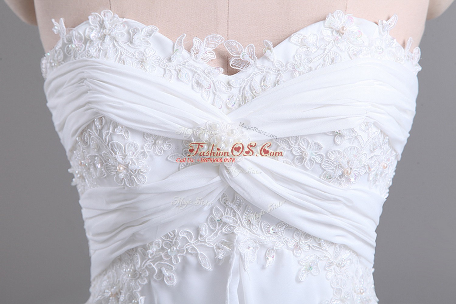 White Empire Sweetheart Sleeveless Chiffon Brush Train Lace Up Beading and Lace Wedding Dress