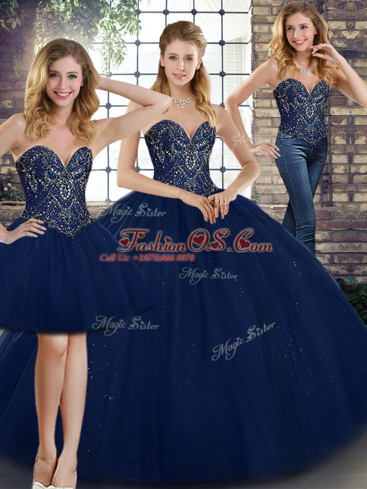 Sumptuous Navy Blue Sleeveless Tulle Lace Up 15th Birthday Dress for Military Ball and Sweet 16 and Quinceanera